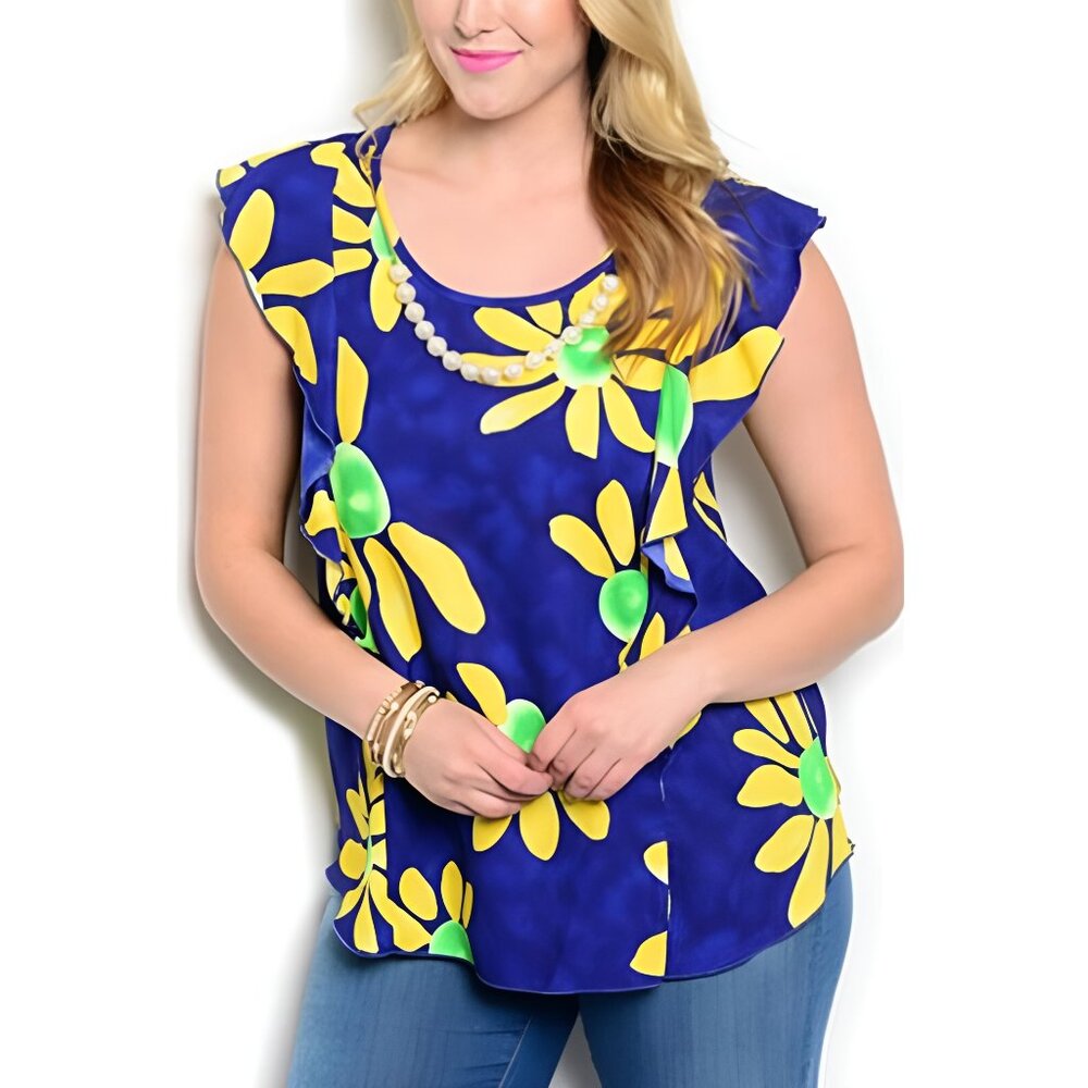 Viva You Ladies Blue Floral Top Cap-Sleeve W/Necklace Size 1XL  NWOT